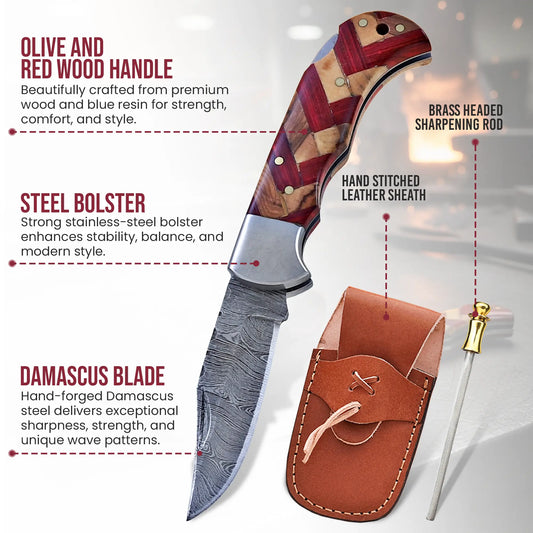 6.5' Artistic handle damascus folding knife, Pocket Knife FH KNIVES