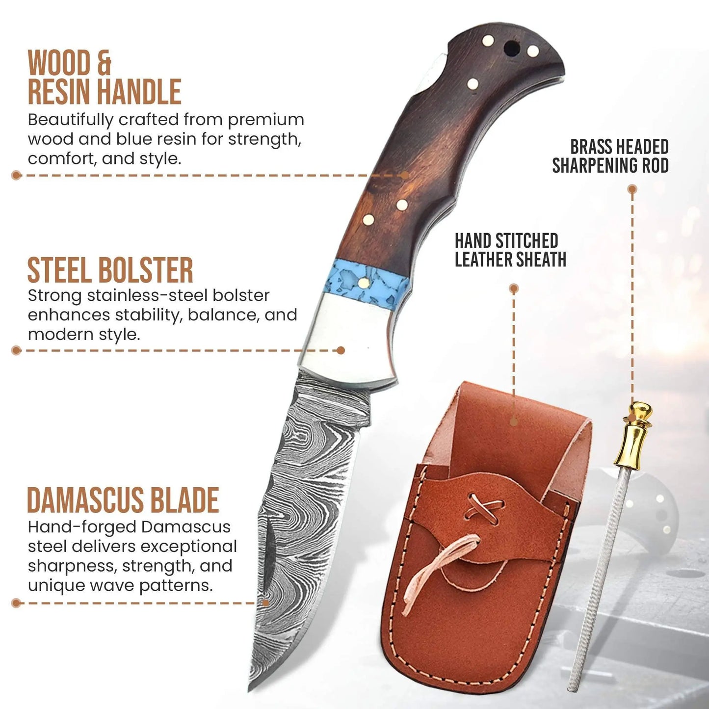 6.5' Handmade damascus folding knife, Pocket Knife FH KNIVES