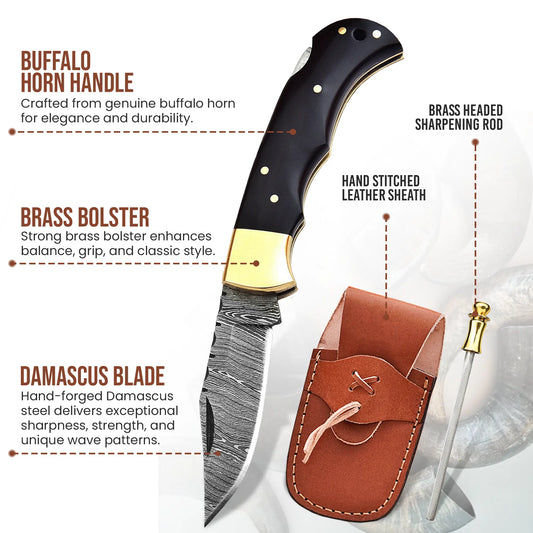 6.5' Handmade damascus folding knife, Pocket Knife FH KNIVES